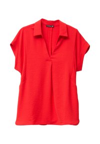 Blusa rossa a maniche corte con colletto, realizzata in tessuto texturizzato. Presenta una scollatura a V e una vestibilità ampia per il massimo comfort.