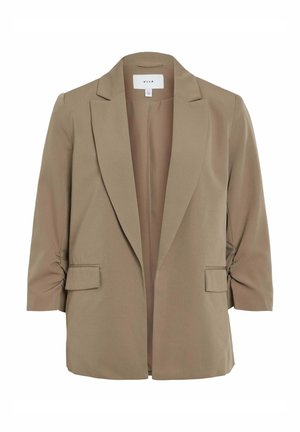 Blazer beige en tissu léger, avec un revers en notch, des manches trois-quarts et deux poches avant. Texture lisse, intérieur non doublé.