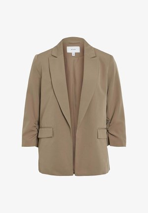 Bežový blazer vyrobený z lehkého materiálu, s klopovým límcem, tříčtvrtečními rukávy a dvěma předními kapsami. Hladká textura, bez podšívky.