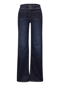 Dunkelblaue Jeans mit weitem Bein, ausgestattet mit einem Knopfverschluss und fünf Taschen. Der Stoff hat eine glatte Textur und einen klassischen Stil.