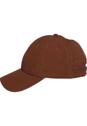 Brown textured baseball cap with curved brim and ventilation eyelets, shown from the side on a white background.