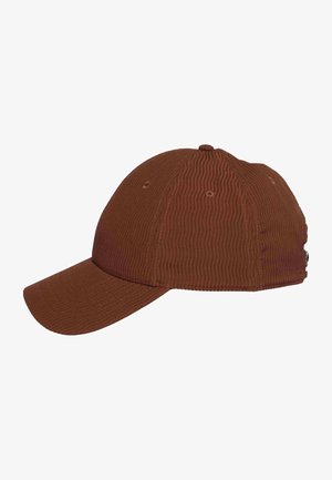 Brown textured baseball cap with curved brim and ventilation eyelets, shown from the side on a white background.
