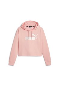 Roze crop hoodie gemaakt van zacht materiaal, met een voorzak in kangoeroestijl, trekkoordkap en een witte "PUMA" logo ontwerp.