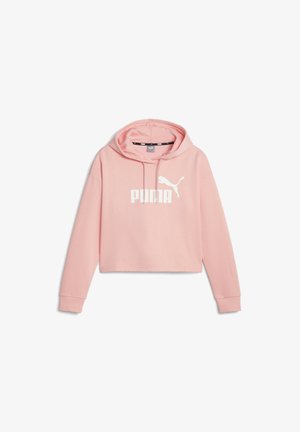 Vaaleanpunainen lyhyt huppari, joka on valmistettu pehmeästä kankaasta. Siinä on edessä kenguru-tasku, nyörin avulla säädettävä huppu ja valkoinen "PUMA"-logosuunnittelu.