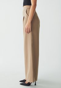 Beige tailored trousers with a high waist, front pleats, and wide legs. Worn with black pointed toe heels. Smooth texture and clean lines.