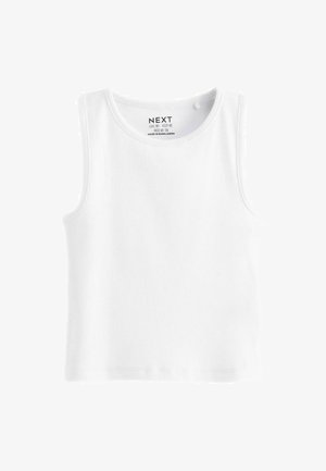 Fehér ujjatlan bordázott trikó kerek nyakkivágással. A címke belül "NEXT" feliratú, amely gondozási utasításokat tartalmaz. Sima textúra.
