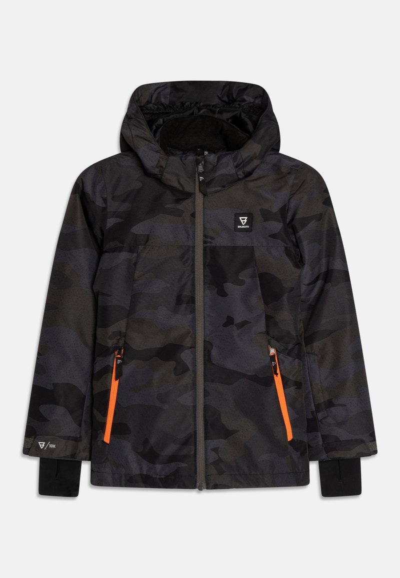 Svart och grå camouflagejacka med huva, framdragkedja, två orange dragkedjefickor och elastiska ärmmuddar. Har en logo på bröstet.