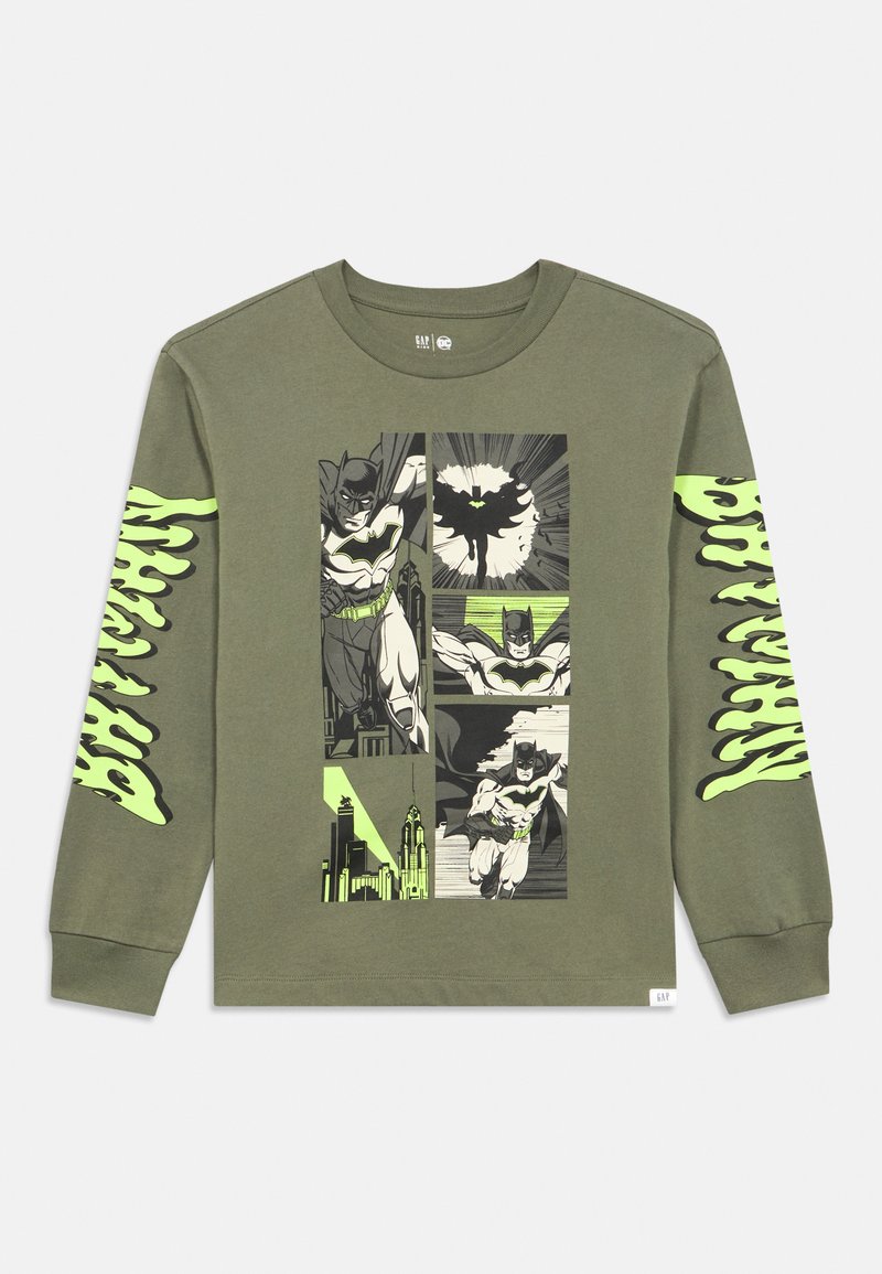 Langarm T-shirt in olijfgroen met zwarte en neon groene Batman grafische panelen; gestructureerde print op mouwen en borst.