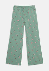 Grønne vide bukser i letvægtsstof med et blomstermønster bestående af pink blomster og blade, elastisk talje med snøre detaljer.