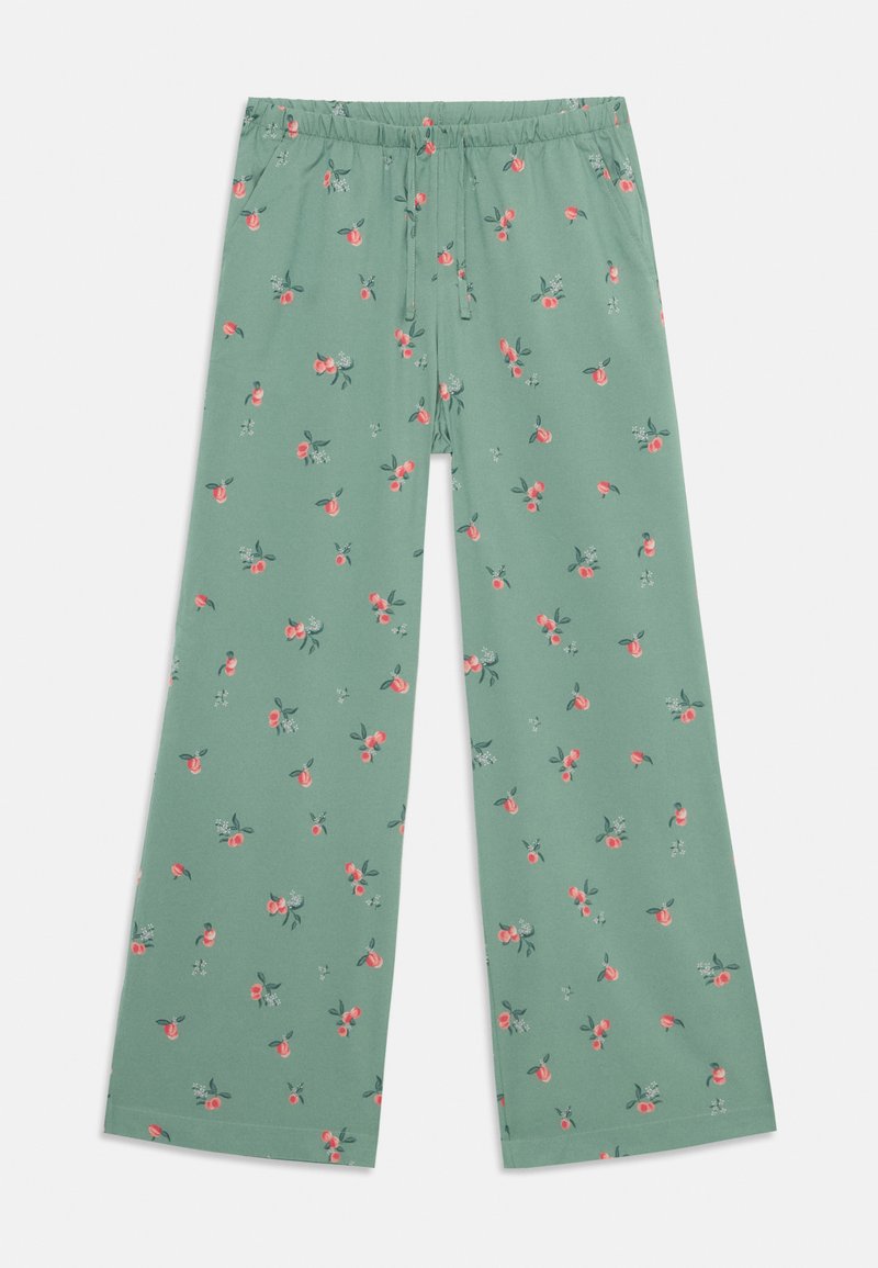 Grønne vide bukser i letvægtsstof med et blomstermønster bestående af pink blomster og blade, elastisk talje med snøre detaljer.
