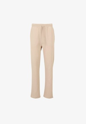 Pantalons côtelés beiges avec une taille élastique et un cordon de serrage, présentant une coupe décontractée et des jambes droites. Pas de poches visibles ni d'ornements.