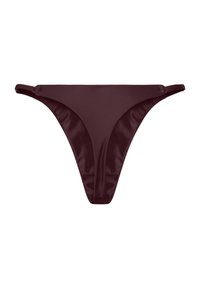 Bas de bikini marron foncé avec des détails de brides latérales, tissu lisse et design minimaliste sur fond blanc.
