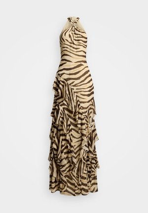 Halter-neck maxi kjole i beige stof med brune zebra-striber. Har volanglag, der falder ned ad skørtet. Elegant og tætsiddende design.