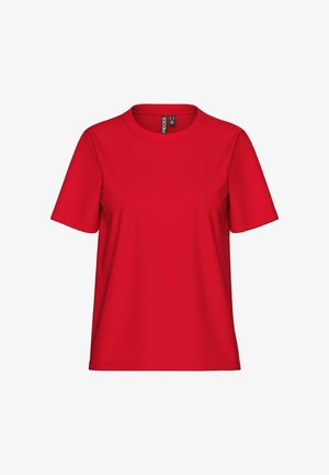 Tricou roșu din bumbac cu mânecă scurtă și guler rotund. Design simplu, textură netedă și croială lejeră. Fără modele sau detalii metalice.