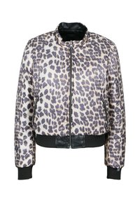 Bomberjacke im Leopardenmuster mit Frontreißverschluss, schwarzen gerippten Bündchen und Saum sowie seitlichen Reißverschlusstaschen.