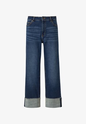 Jeans ampi in denim blu scuro con vita alta, caratterizzati da orli risvolti blu chiaro e dettagli di cuciture classiche.