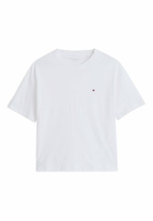 Witte korte mouwen t-shirt van katoen, met een klein gekleurd merklogo op de linkerkant van de borst, eenvoudige ronde halslijn.