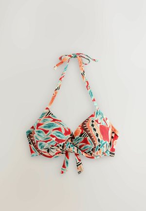Halter bikini top s košaricama s žicom, s crvenim, tirkiznim, crnim i narančastim apstraktnim uzorcima lišća i geometrijskim motivima, vezan na vratu i sprijeda.