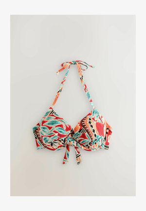 Rintaliivit toppi, jossa on tukevat kaaritettu kupit, punaisen, petroolin, mustan ja oranssin abstrakteja lehti- ja geometrisia kuvioita, solmittu kaulan ja edessä.