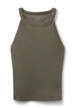 Olivově zelené žebrované tílko bez rukávů s vysokým kulatým výstřihem a úzkými ramínky.