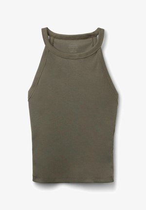 Top de tirantes sin mangas en verde oliva con textura acanalada, escote redondo alto y tirantes estrechos.