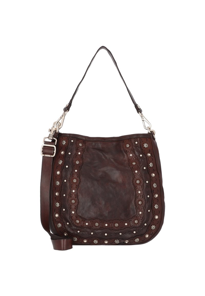Borsa a spalla in pelle marrone con accenti floreali e hardware in argento. Presenta una superficie texturizzata e una forma curva e morbida.
