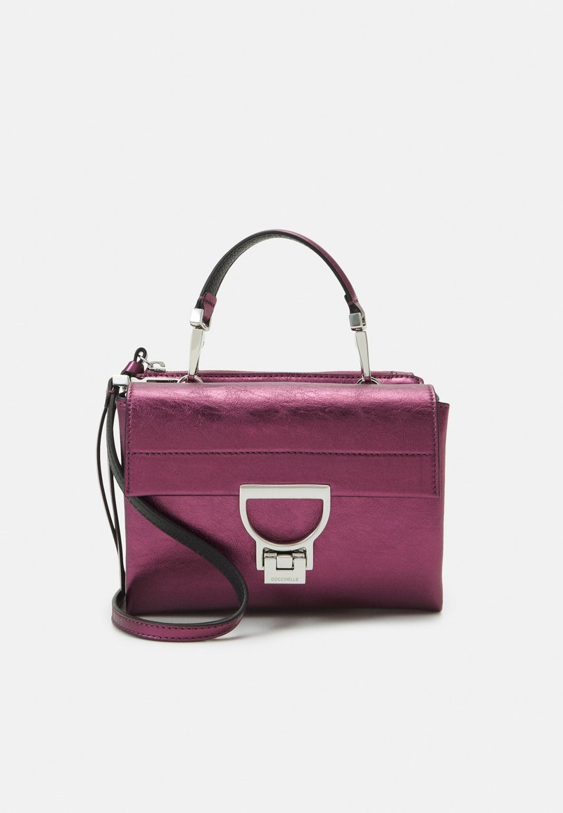 Metallic fuchsia handbag with a structured design, featuring a top handle, adjustable shoulder strap, and silver hardware accents.