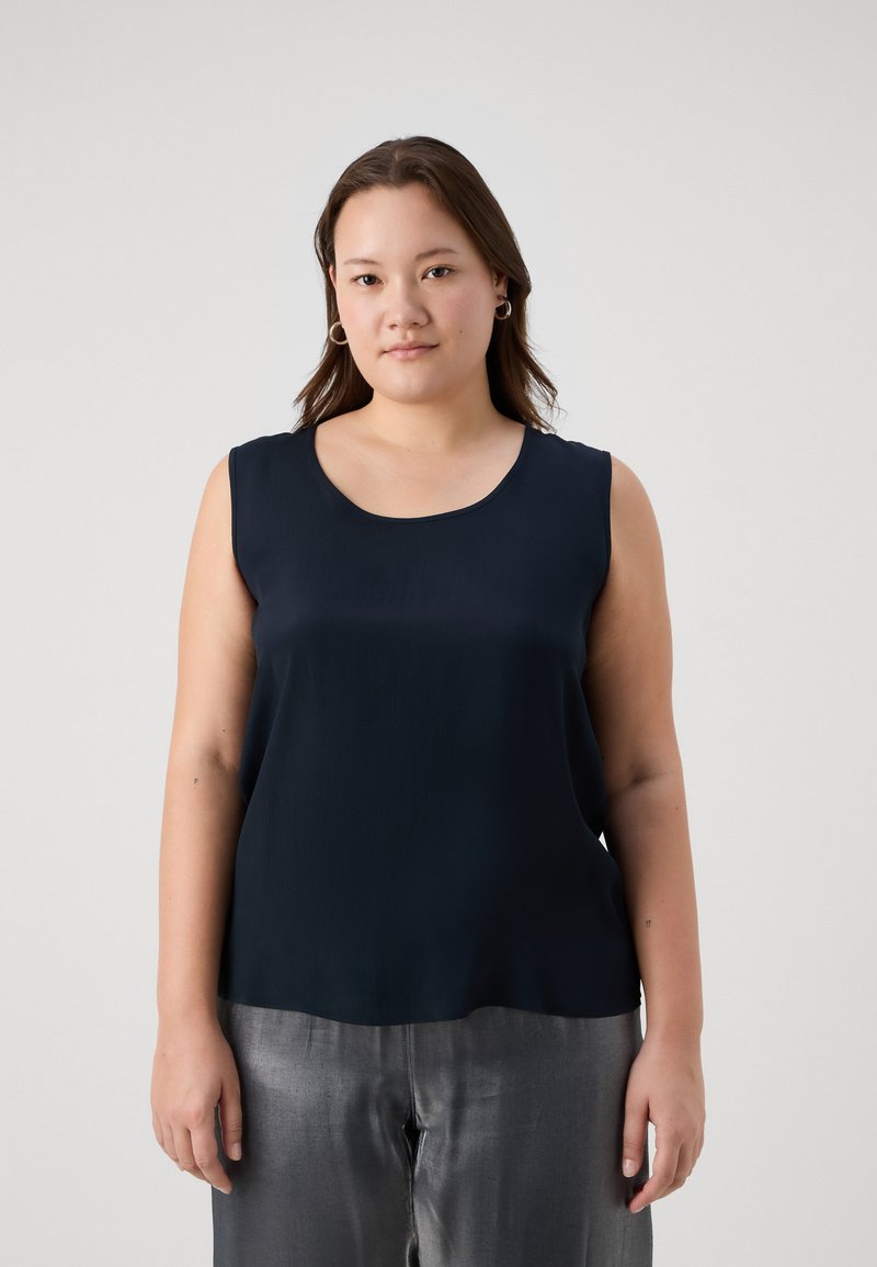 Top senza maniche di colore navy in tessuto leggero, con scollatura rotonda e vestibilità comoda. Design minimalista con texture liscia.