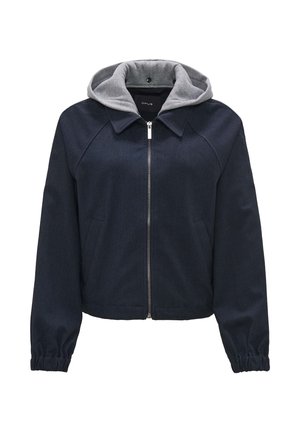 Giacca blu navy con zip frontal, cappuccio grigio. Presenta maniche raglan e polsini elastici. Realizzata in tessuto texturizzato con tasche laterali.