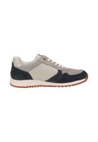 Low-top sneaker in gray and black suede with beige mesh panels, white laces, and a white sole with a brown tread.