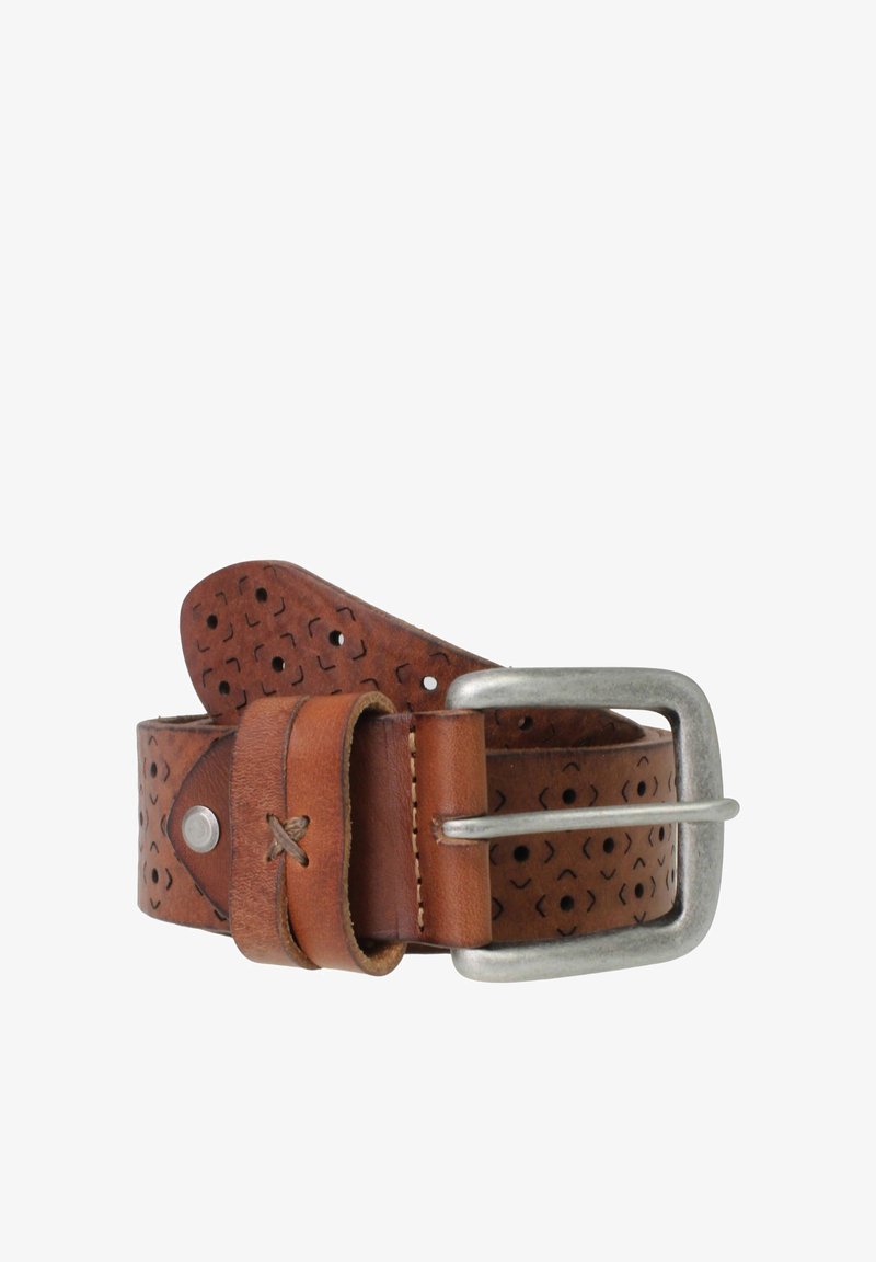 Brown leather belt with decorative perforations and a silver rectangular buckle, rolled up against a white background.