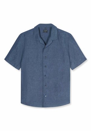 Camicia di lino blu a maniche corte con bottoni e colletto da campo, distesa su uno sfondo bianco.