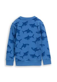 Felpa blu con motivo ripetuto di squali in blu scuro, collo rotondo e polsini a costine. Tessuto morbido, maniche lunghe.