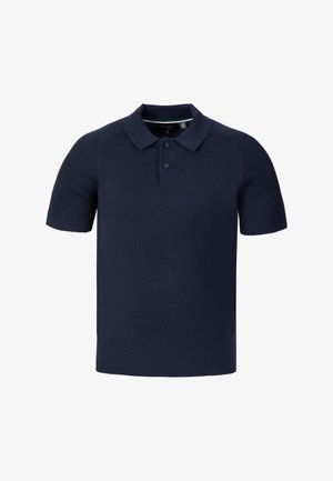 Marineblaues kurzärmeliges Strick-Poloshirt mit gerippten Ärmeln, Kragen, Zwei-Knopf-Leiste und geradem Saum.