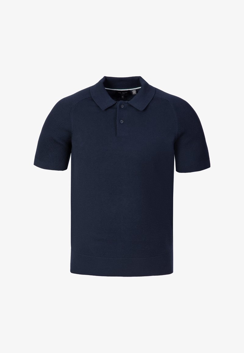 Polo en maille bleu marine à manches courtes avec manches, col côtelés, patte à deux boutons et ourlet droit.