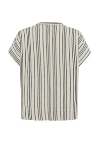 T-shirt à manches courtes en tissu beige avec des rayures verticales grises. Design ample, col rond et coupe décontractée. Détail d'ourlet simple.