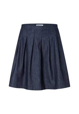 Dunkelblauer plissierter Jeansrock knielang mit tailliertem Bund und weicher Stoffstruktur.