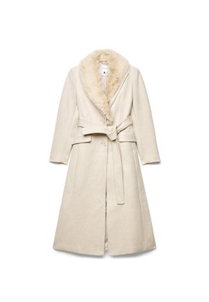 Cappotto lungo in lana beige con ampio colletto in pelliccia sintetica, chiusura con bottoni, tasche frontali e cintura abbinata legata in vita.