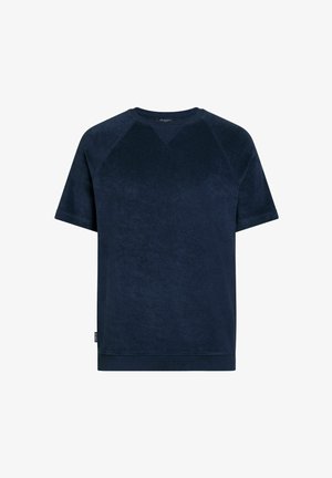 Sweatshirt en éponge bleu marine à manches courtes, avec col rond et petit détail de couture en V à l'avant.