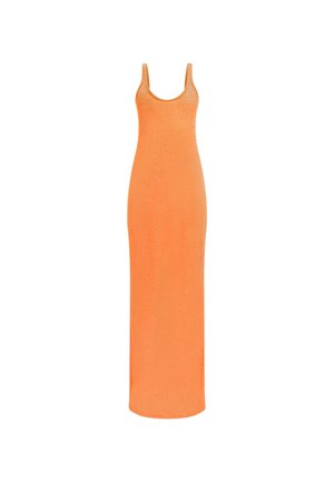 Oranje, mouwloze maxi-jurk met een ronde hals. Gemaakt van een textiel met een subtiele glans, aansluitende pasvorm, tot op de enkels.