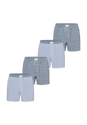 Vier Paar Herren Boxershorts mit elastischen Bund, abwechselnd blau-weiß gestreift und blau kariert.