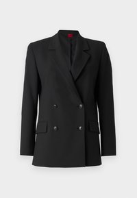 Černý dvouřadý blazer se strukturovaným designem, s klopami, dvěma předními kapsami a kulatými černými knoflíky. Hladká textura látky.