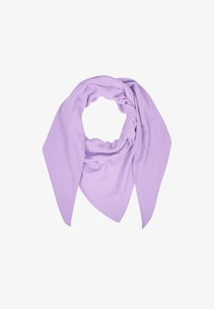 Lila Schal aus strukturiertem Stoff, mit einer dreieckigen Form und sanften, fließenden Drapierungen, die ein leichtes, luftiges Aussehen verleihen.