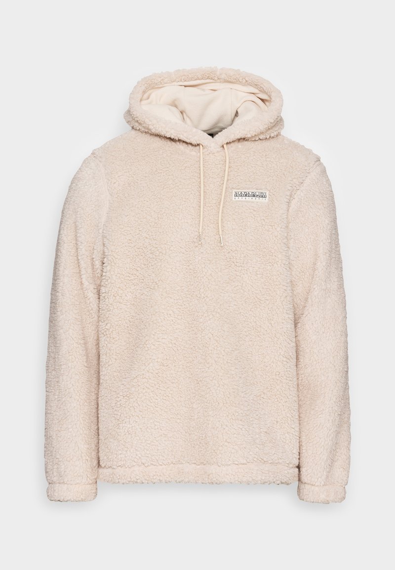 Hoodie en polaire beige et duveteux avec une capuche à cordon de serrage, arborant un petit logo sur le haut à gauche de la poitrine et des poignets côtelés. Texture douce.