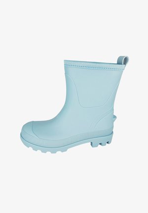 Helles blaues Gummiregenstiefel mit einer strukturierten Sohle, verstärktem Zehenbereich und elastischem oberen Rand für einen sicheren Sitz. Mit einem Zugband hinten.