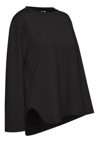 Top nero a maniche lunghe con scollatura rotonda e orlo asimmetrico. Tessuto morbido e liscio con fessure laterali, che offre una vestibilità comoda.