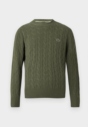 Olive green cable-knit sweater with crew neck and small embroidered crocodile logo on the left chest.