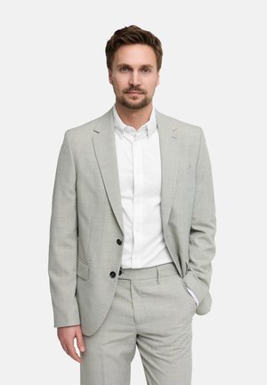 Mann med kort brunt hår og skjegg iført lyst grå dress og hvit skjorte, står med en hånd i lommen mot ensfarget bakgrunn.