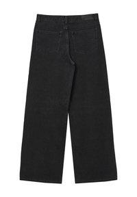 Jeans neri a gamba larga realizzati in denim, con vita alta, due tasche posteriori e un design pulito senza ulteriori decorazioni.
