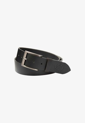 Black leather belt with a textured finish, featuring a rectangular metal buckle in silver and a distinct logo embossed on the end.